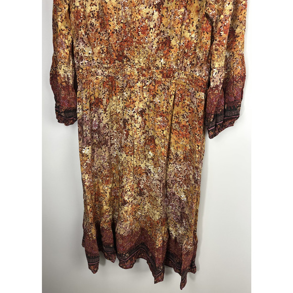 Frye & Co Fall Brown Orange Midi Long Sleeve Dress XL Western Boho Smock Ruffle - Picture 7 of 12